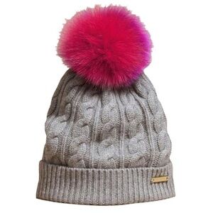 BURBERRY Fur Pom‎ Pom Wool and Cashmere Beanie Grey Pink Purple 54-59cm